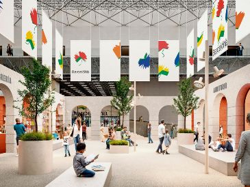 Los arquitectos catalanes conciben el pabellón de Barcelona como una calle donde ciudad y literatura se entrelazan, evocando el espíritu de Sant Jordi. CORTESÍA