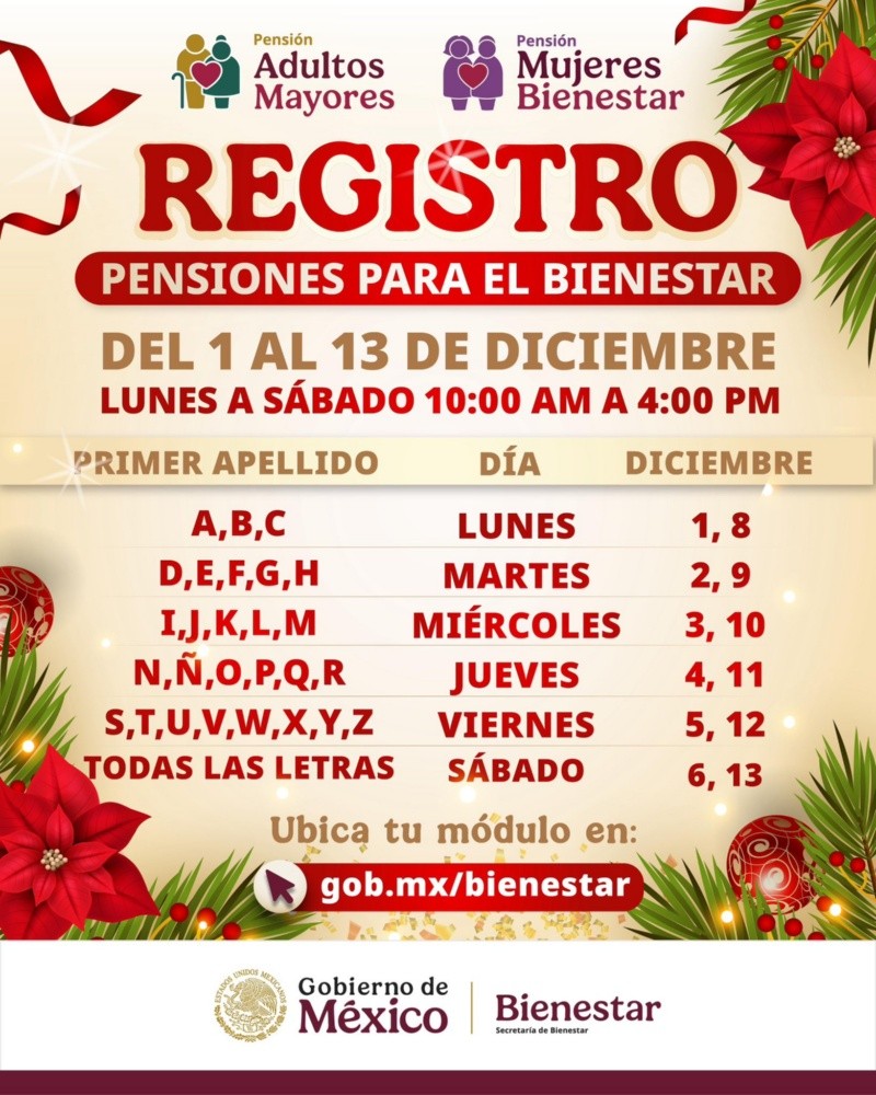 Calendario de registro de la Pensión Bienestar diciembre 2025. ESPECIAL 