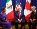 Los tres líderes coincidieron horas antes durante el sorteo del Mundial, celebrado en el Centro Kennedy de Washington.  X / @Claudiashein