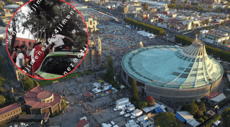 Un grupo de peregrinos arremete contra un vehículo, cerca de la Basílica de Guadalupe. SUN / ARCHIVO / ESPECIAL / X / @c4jimenez