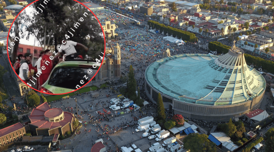 Un grupo de peregrinos arremete contra un vehículo, cerca de la Basílica de Guadalupe. SUN / ARCHIVO / ESPECIAL / X / @c4jimenez