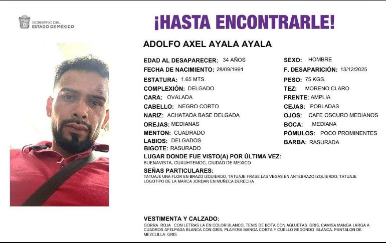 Adolfo Axel Ayala Ayala es un joven de 34 años, mide un metro con 65 centímetros, delgado, moreno, con cabello ondulado negro. ESPECIAL/ X/ @COBUPEM