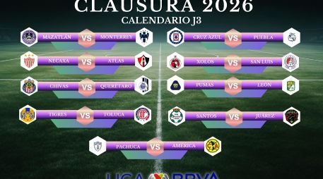 La actividad de la J3 del Clausura 2026 se reparte en tres días, con duelos determinantes para el arranque del torneo. ESPECIAL / CANVA