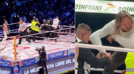 De acuerdo con versiones de personas que se encontraban en la arena, el individuo, presuntamente de origen extranjero y aparentemente bajo los efectos del alcohol, subió al ring e intentó escalar hasta la tercera cuerda. X/@fredy_guevara27