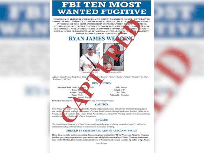 Fotografía tomada de la cuenta oficial @FBIDirectorKash en la red social X del director del FBI, Kash Patel, que muestra un cartel que anuncia la captura del exatleta olímpico canadiense Ryan Wedding. Wedding. EFE/ @FBIDirectorKash