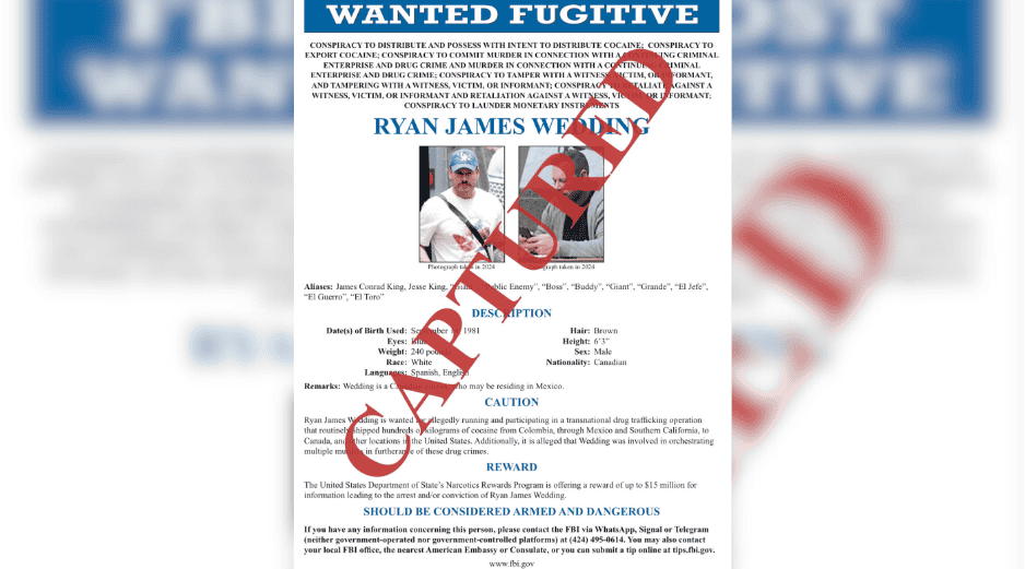 Fotografía tomada de la cuenta oficial @FBIDirectorKash en la red social X del director del FBI, Kash Patel, que muestra un cartel que anuncia la captura del exatleta olímpico canadiense Ryan Wedding. Wedding. EFE/ @FBIDirectorKash