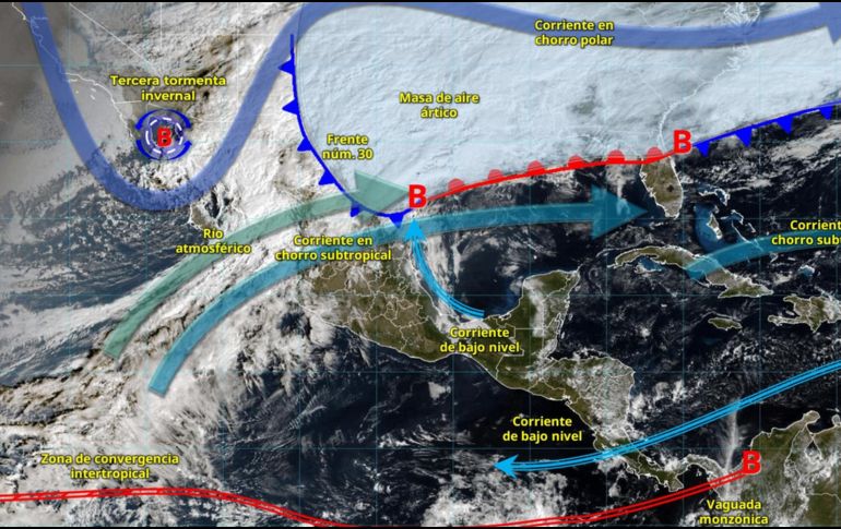 Las autoridades recomiendan extremar precauciones ante el riesgo de inundaciones, deslaves, caída de árboles, afectaciones carreteras por hielo o nieve y condiciones marítimas adversas. ESPECIAL/ SMN.