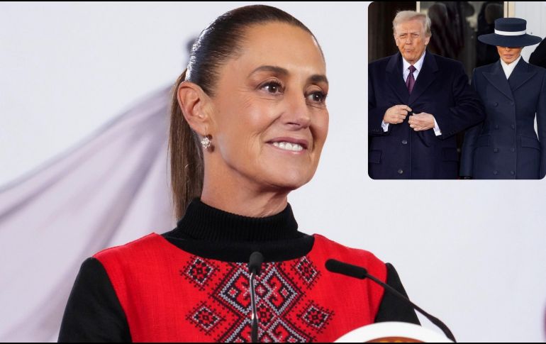 Imagen que combina a la Presidenta Claudia Sheinbaum, el mandatario esadounidense Donald Trump, y a su esposa Melania. ESPECIAL / EFE