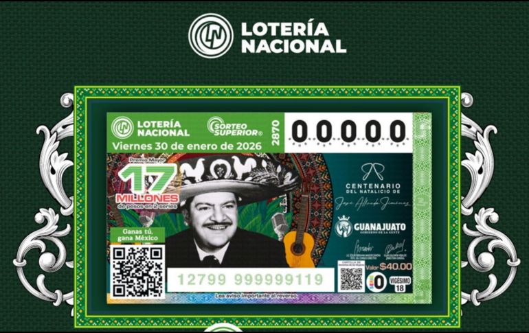 La Lotería Nacional conmemoró en su billete el centenario del natalicio de José Alfredo Jiménez. X/lotenal