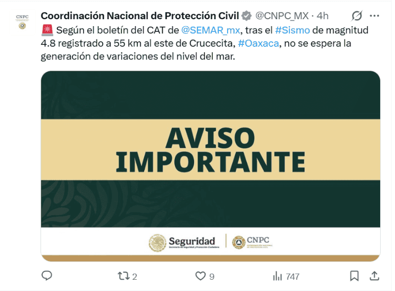&nbsp;Comunicado de las autoridades tras sismo en Oaxaca. X / @CNPC_MX