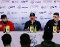 Luis Iván Rodríguez, Benjamín Gil y Bligh Madris en la conferencia de prensa posterior al juego. CORTESÍA/Charros de Jalisco