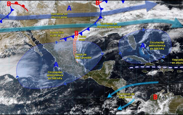 El frente frío 37 ingresará el viernes 20 de febrero, pero en Jalisco continuará el ambiente caluroso con posibles lluvias aisladas y rachas de viento durante el fin de semana. ESPECIAL/ SMN.