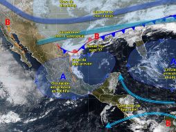 El frente frío 37 provocará precipitaciones fuertes, heladas en zonas altas, rachas intensas de viento y oleaje elevado en diversas regiones del país, informó el Servicio Meteorológico Nacional. ESPECIAL/ SMN.