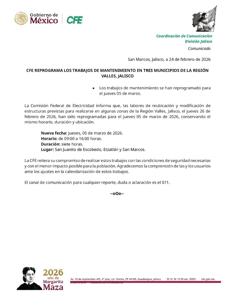 La suspensión del suministro eléctrico se llevará a cabo el jueves 5 de marzo, en un horario de 9:00 a 16:00 horas. ESPECIAL&nbsp;