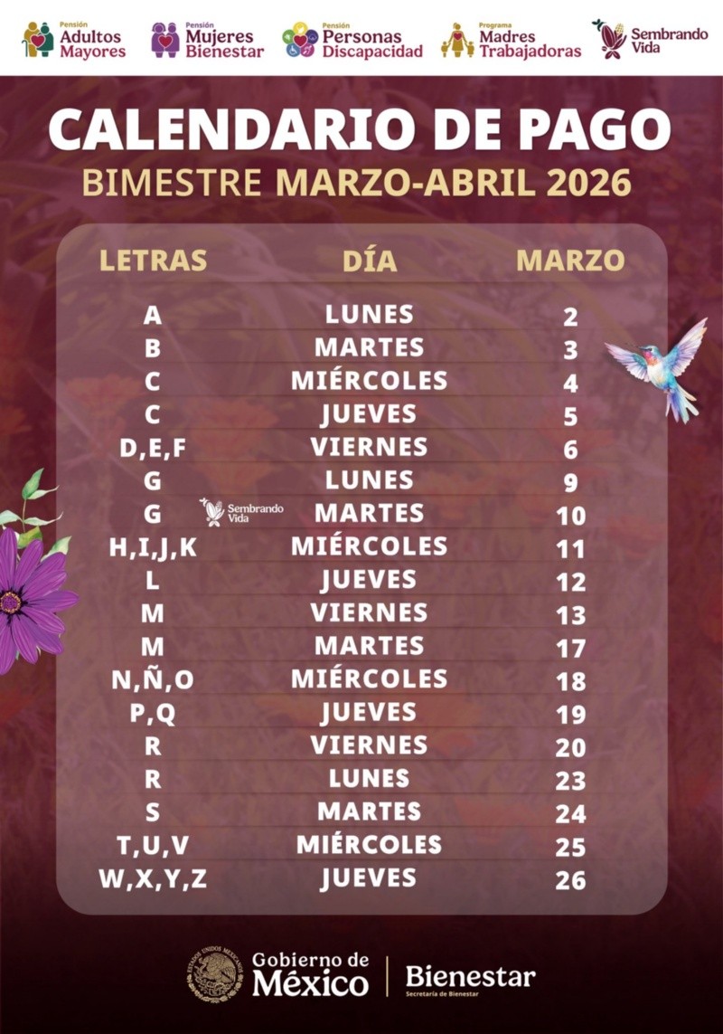 Calendario de pagos de la Pensión Bienestar marzo 2026.&nbsp;ESPECIAL&nbsp;
