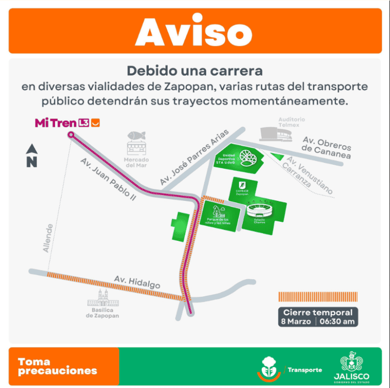 &nbsp;Vialidades afectadas por carreras en la ZMG. X / @TransporteJal