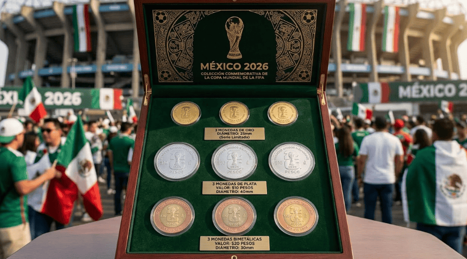 El Diario Oficial de la Federación dio a conocer los detalles y características de tres monedas conmemorativas para La Copa del Mundo de la FIFA; esta es una imagen ilustrativa. IA
