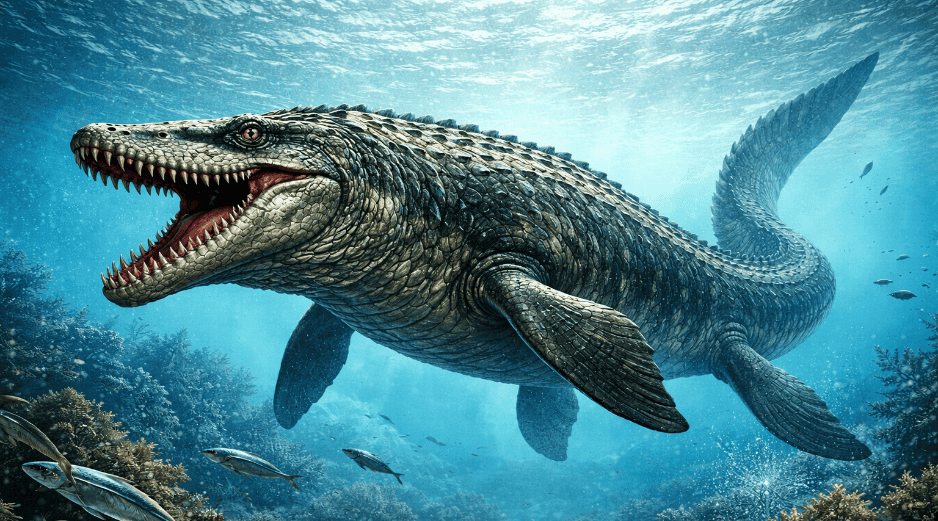 Los mosasaurios fueron predadores marinos de gran tamaño y este hallazgo revela que algunas especies tenían mandíbulas más finas y dientes adaptados a presas pequeñas. Imagen ilustrativa generada con IA de ChatGPT