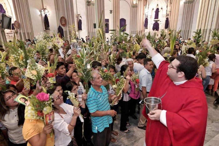 Sacerdote bendice ramos en Semana Santa
