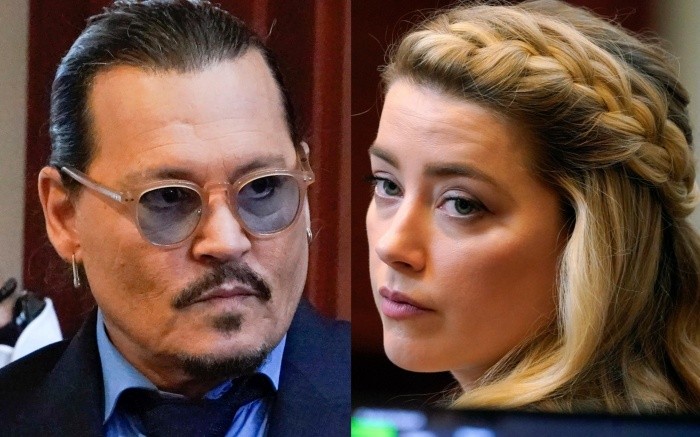 This combination of two separate photos shows actors Johnny Depp, left, and Amber Heard in the courtroom for closing arguments at the Fairfax County Circuit Courthouse in Fairfax, Va., on Friday, May 27, 2022. Depp is suing Heard after she wrote an op-ed piece in The Washington Post in 2018 referring to herself as a 