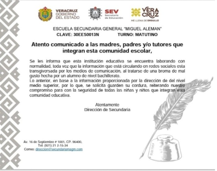 Comunicado de escuela ante posibilidad de tiroteo
