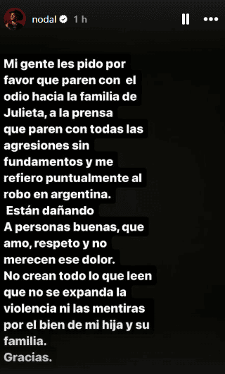 El cantante pidió respeto para su expareja, Cazzu, y su familia. INSTAGRAM/ nodal