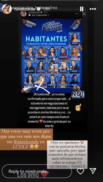Ninel Conde confirmó de esta manera en sus historias que no estará presente en LCDLFM. INSTAGRAM/ ninelconde&nbsp;