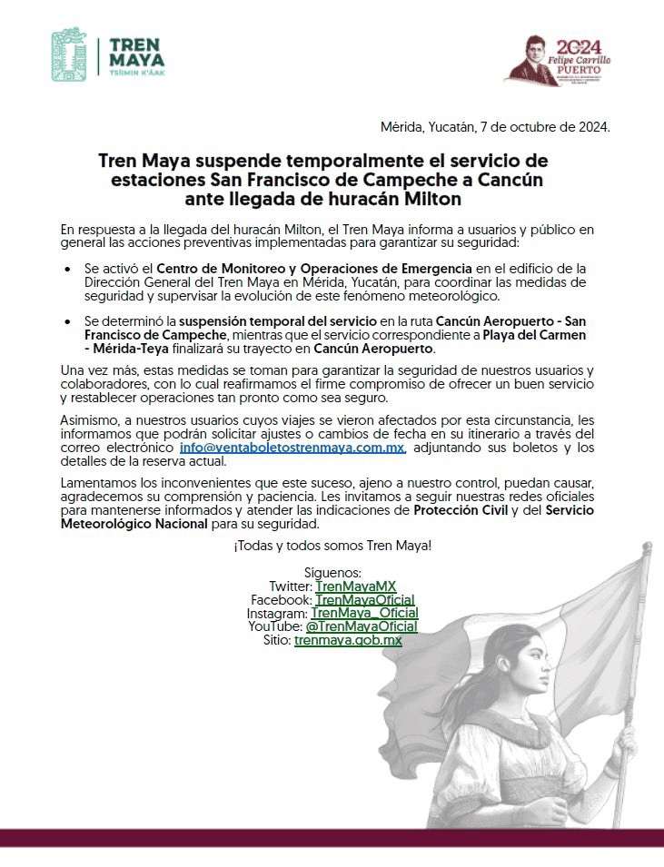 Comunicado oficial sobre la suspensión del servicio del Tren Maya. X TWITTER-/ TrenMayaMX