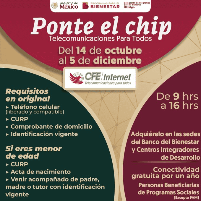 Conoce los requisitos para recoger tu chip de la CFE con internet gratis. X -TWITTER-/ @bbienestarmx