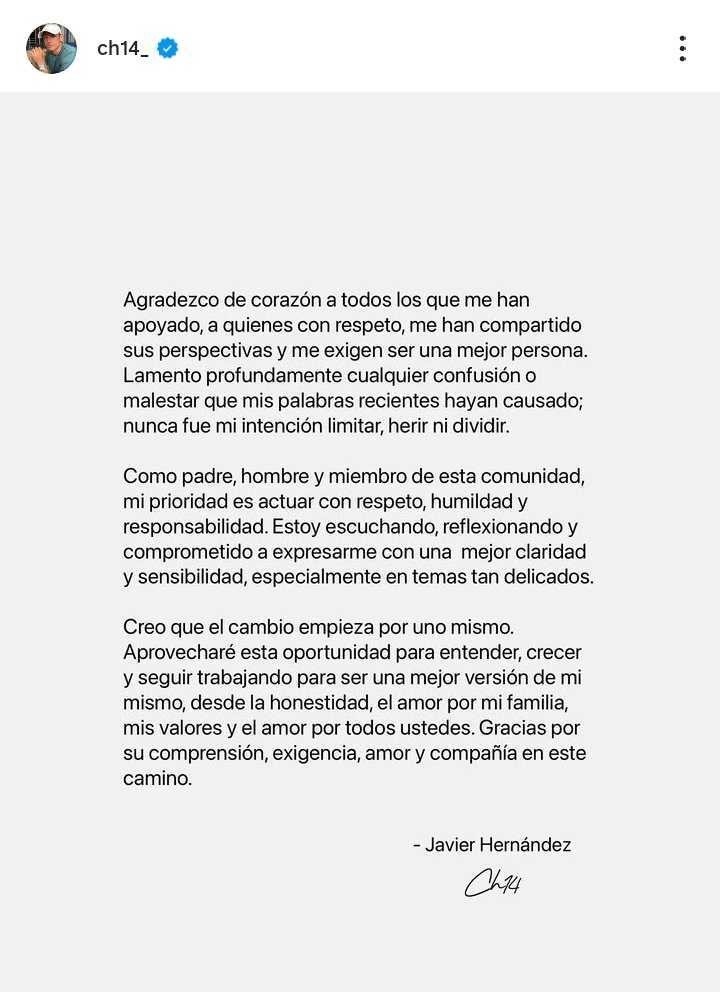 Captura del comunicado donde Javier 'Chicharito' Hernández 