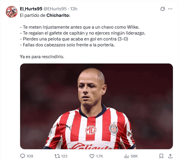  Usuarios de redes sociales reaccionaron a la actuación de Javier Hernández en el último partido. X / @EHurts95
