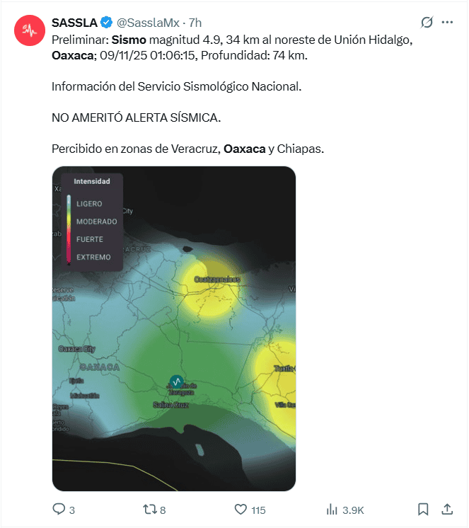 La Plataforma Digital de Alertamiento y Gestión Integral de Riesgos de México dio a conocer que no se activó la alerta sísmica tras este temblor. X / @SasslaMx 
