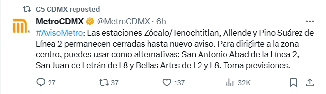 Metro de la Ciudad de México reporta algunas de sus estaciones cerradas. X / @MetroCDMX