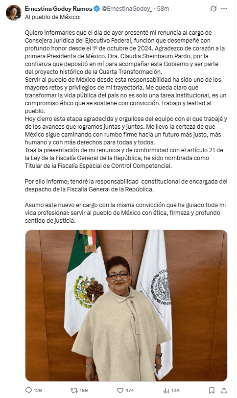  Anuncio oficial de la funcionaria desde redes sociales. X / @ErnestinaGodoy_