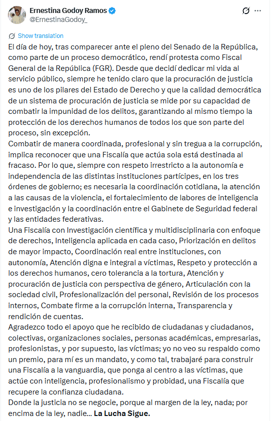  Publicación de la funcionaria desde sus redes sociales. X / @ErnestinaGodoy_