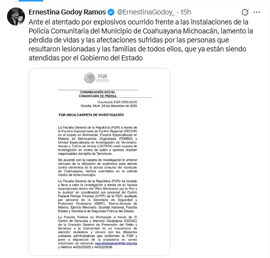  Publicación de la nueva titular de la FGR. X / @ErnestinaGodoy_