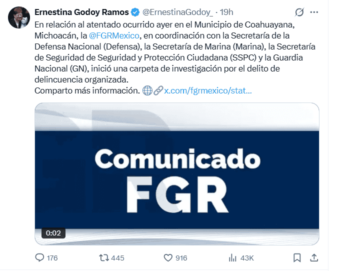 &nbsp;Publicación de la nueva titular de la FGR. X / @ErnestinaGodoy_