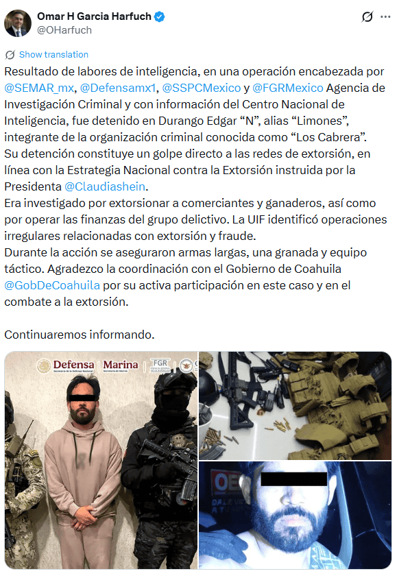  Publicación de Harfuch luego de la captura de 