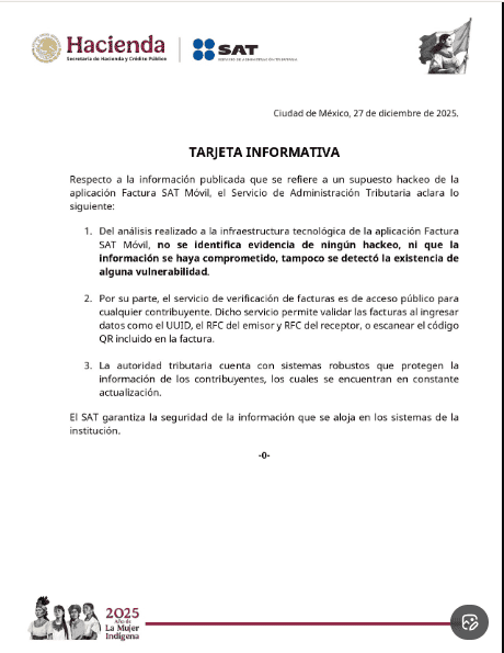 &nbsp;Comunicado del SAT del pasado 27 de diciembre. X / @SATMX