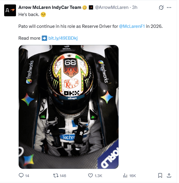&nbsp;Anuncio desde las redes sociales de McLaren. X / @ArrowMcLaren