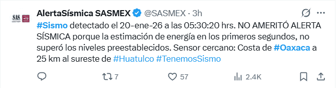 &nbsp;Publicación del Sistema desde redes sociales. X / @SASMEX