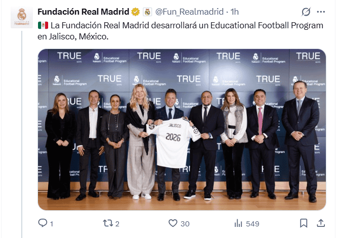 Anuncio oficial de la Fundación Real Madrid junto con el Gobierno de Jalisco. X / @Fun_Realmadrid &nbsp;