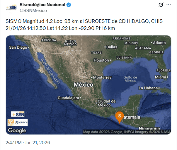 &nbsp;Sismo en Chiapas. X / @SSNMexico