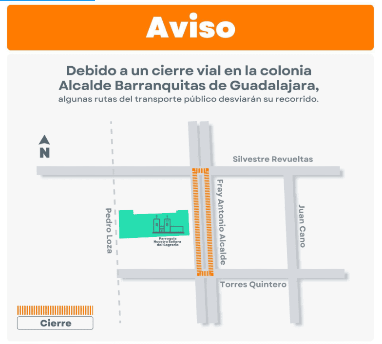 &nbsp;Mapa de vialidades cerradas por evento religioso. X / @TransporteJal