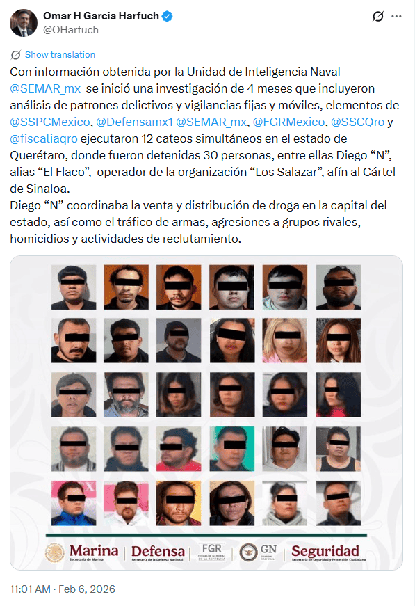 &nbsp;Comunicado de García Harfuch sobre las múltiples detenciones en Querétaro. X / @OHarfuch