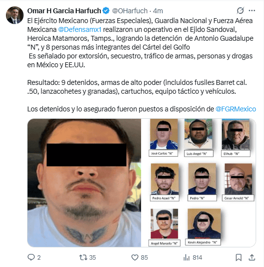 &nbsp;Harfuch reporta las detenciones desde sus redes sociales. X / @OHarfuch