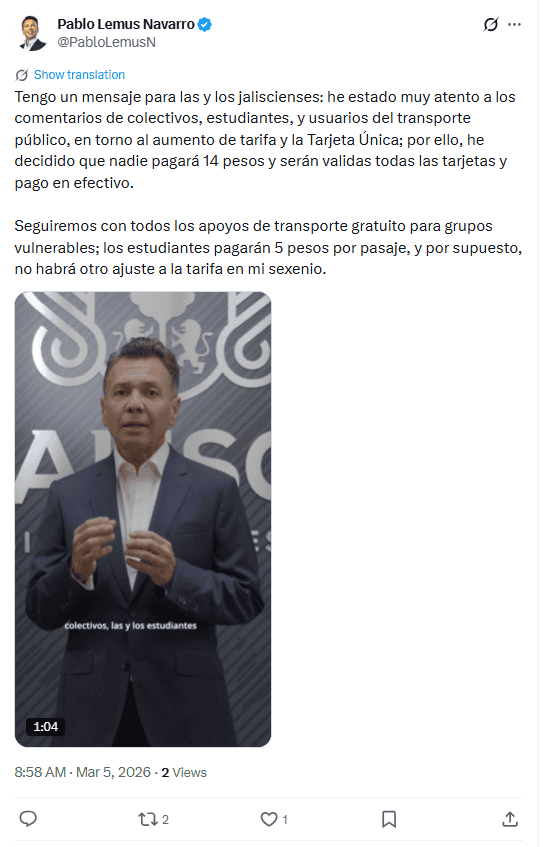 &nbsp;Anuncio desde las redes sociales del gobernador de Jalisco. X / @PabloLemusN