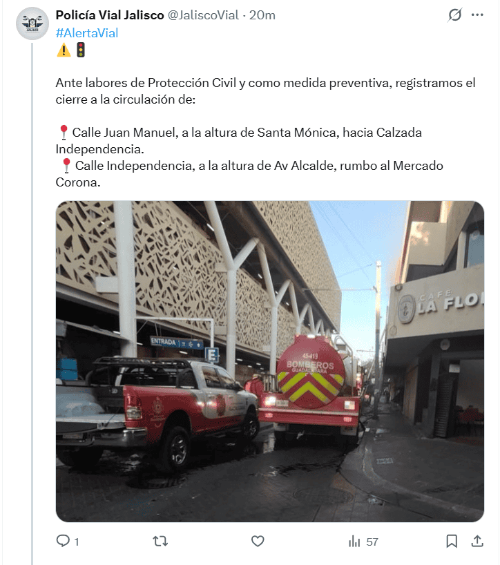 &nbsp;Policía Vial de Jalisco reporta dos cierres viales en Guadalajara. X / @JaliscoVial