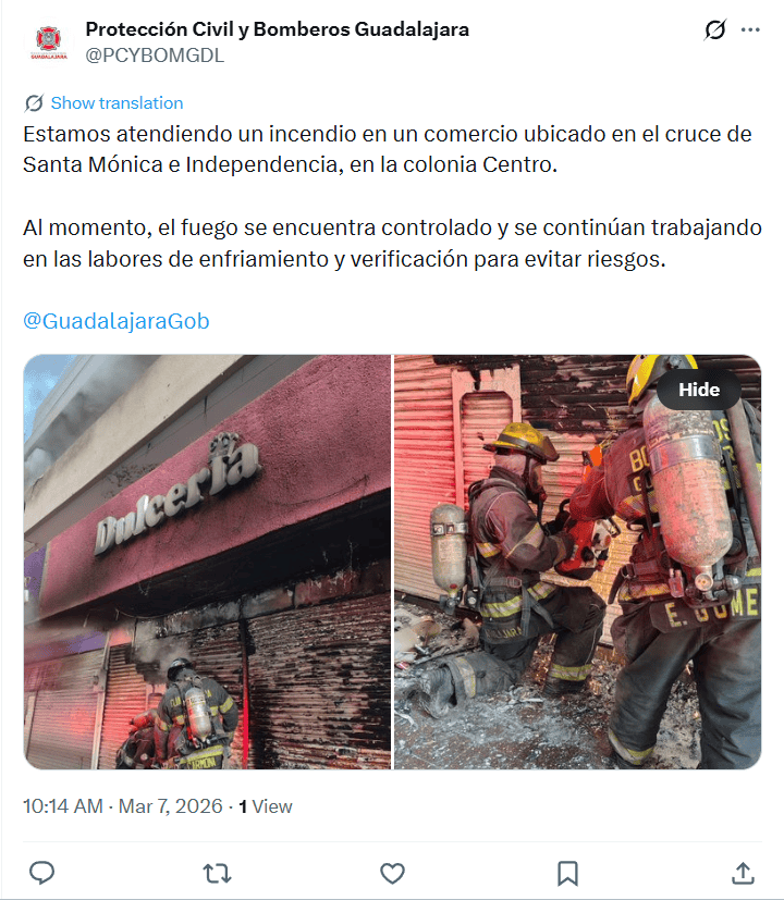 &nbsp;Publicación del siniestro cerca del Mercado Corona. @PCYBOMGDL