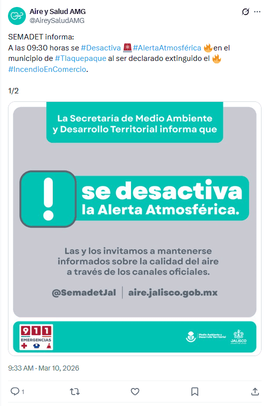Desactivan alerta atmosférica. X / @AireySaludAMG&nbsp;